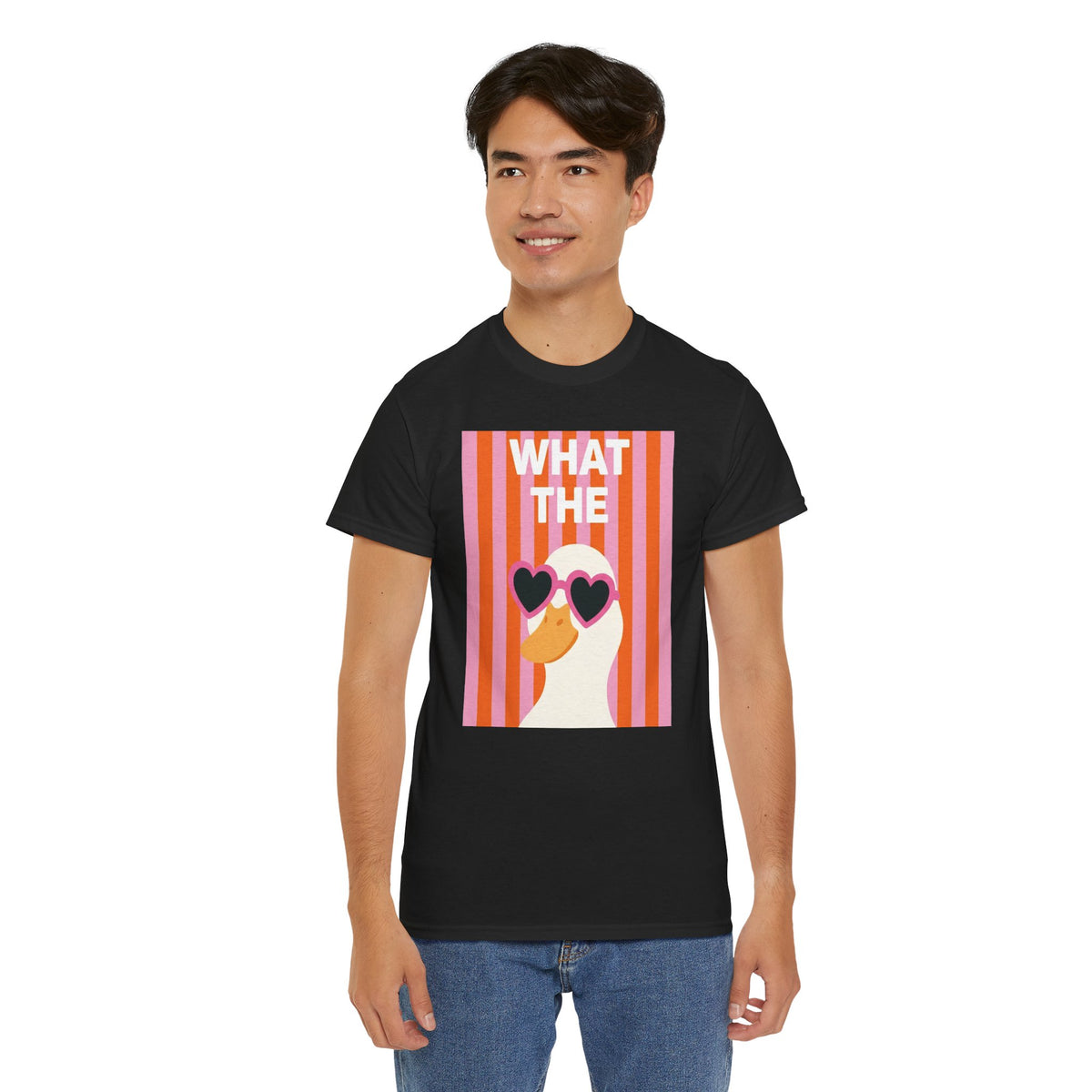 Black crewneck graphic T-shirt with “WHAT THE” text and duck wearing heart sunglasses