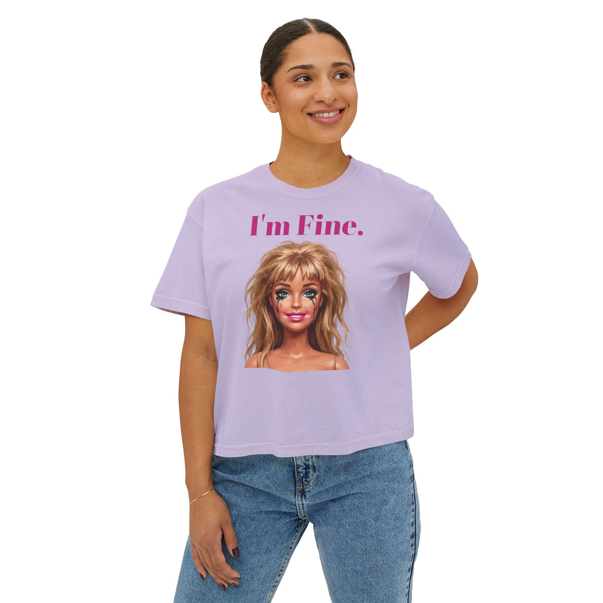 Boxy lavender graphic tee with “I’m Fine.” lettering and doll face print, short sleeves