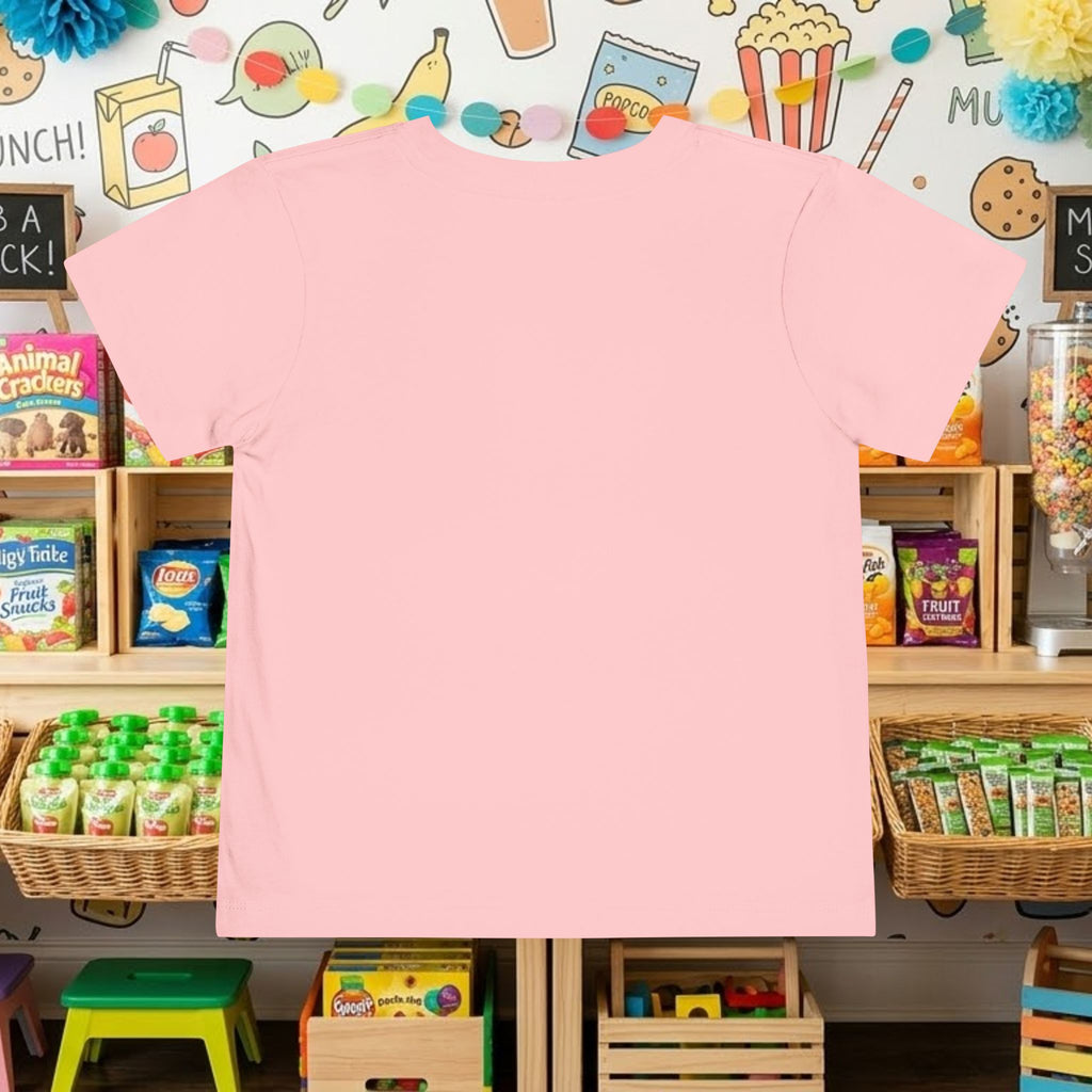 Pink toddler T-shirt back view, plain crew neck