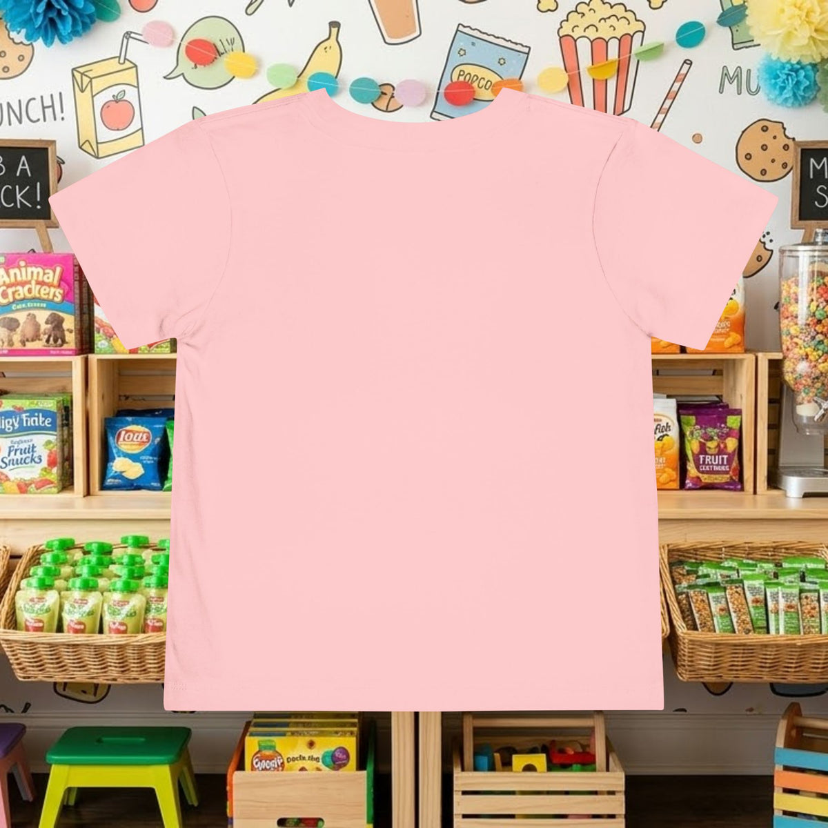Pink toddler T-shirt back view, plain crew neck