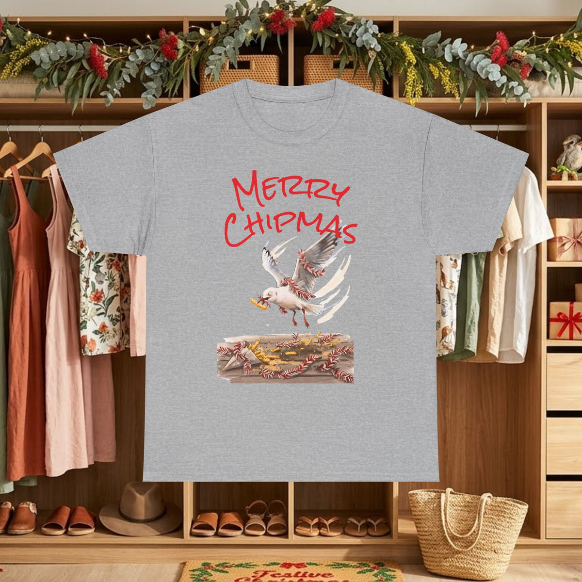 Charcoal Christmas graphic T-shirt with "Merry Chipmas" seagull illustration