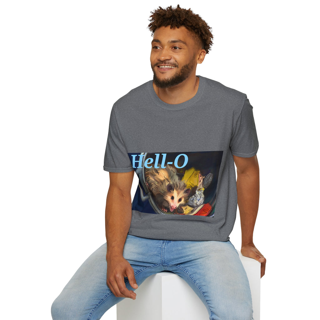 Gray T-shirt worn by model, featuring “Hell-O” and an opossum illustration front