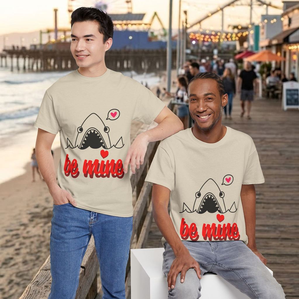 Beige T-shirt with shark graphic and red 'be mine' print, crew neck
