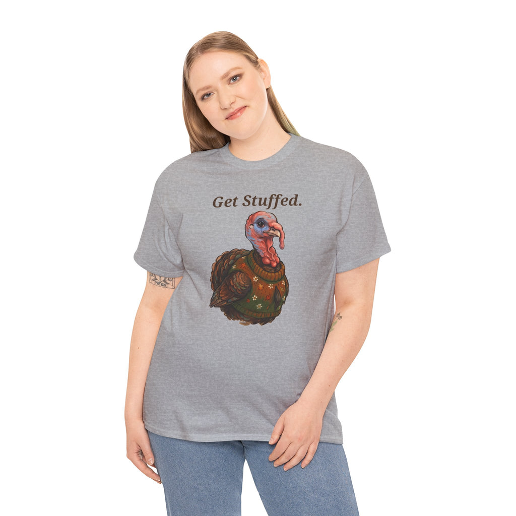 Sport grey t-shirt worn by model, 'Get Stuffed.' turkey graphic on chest