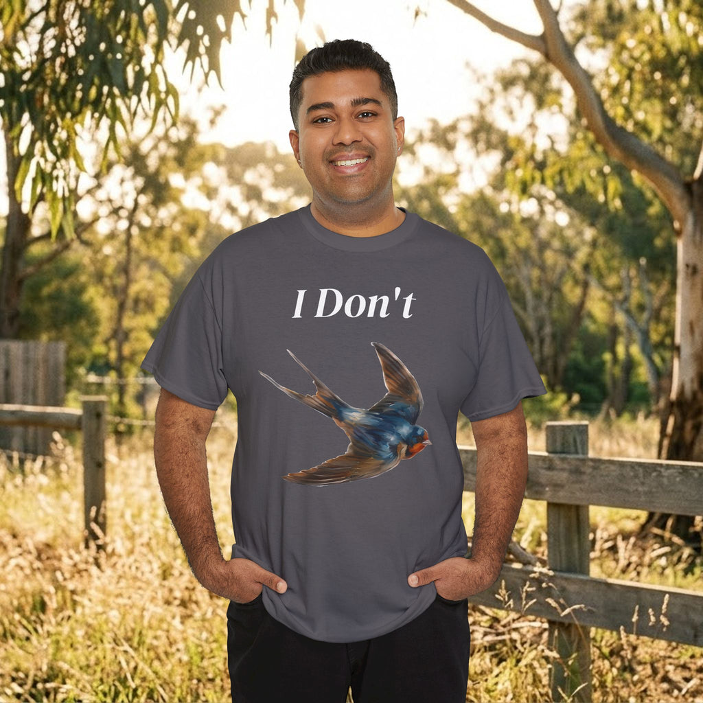 Charcoal/dark grey graphic T-shirt with “I Don’t” text and bird illustration