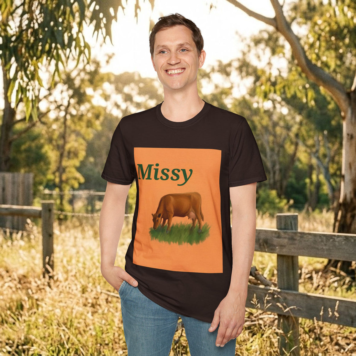 Dark brown cow graphic T-shirt with orange square print, front view outdoors