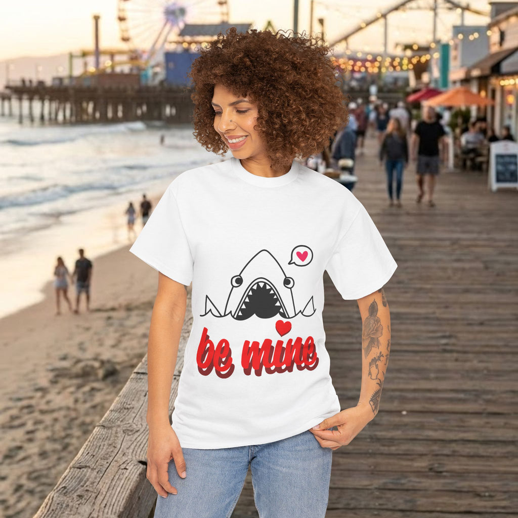 White T-shirt with shark face graphic and red "be mine" lettering and small hearts