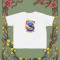 White toddler T-shirt with floral wreath hands holding blue earth graphic