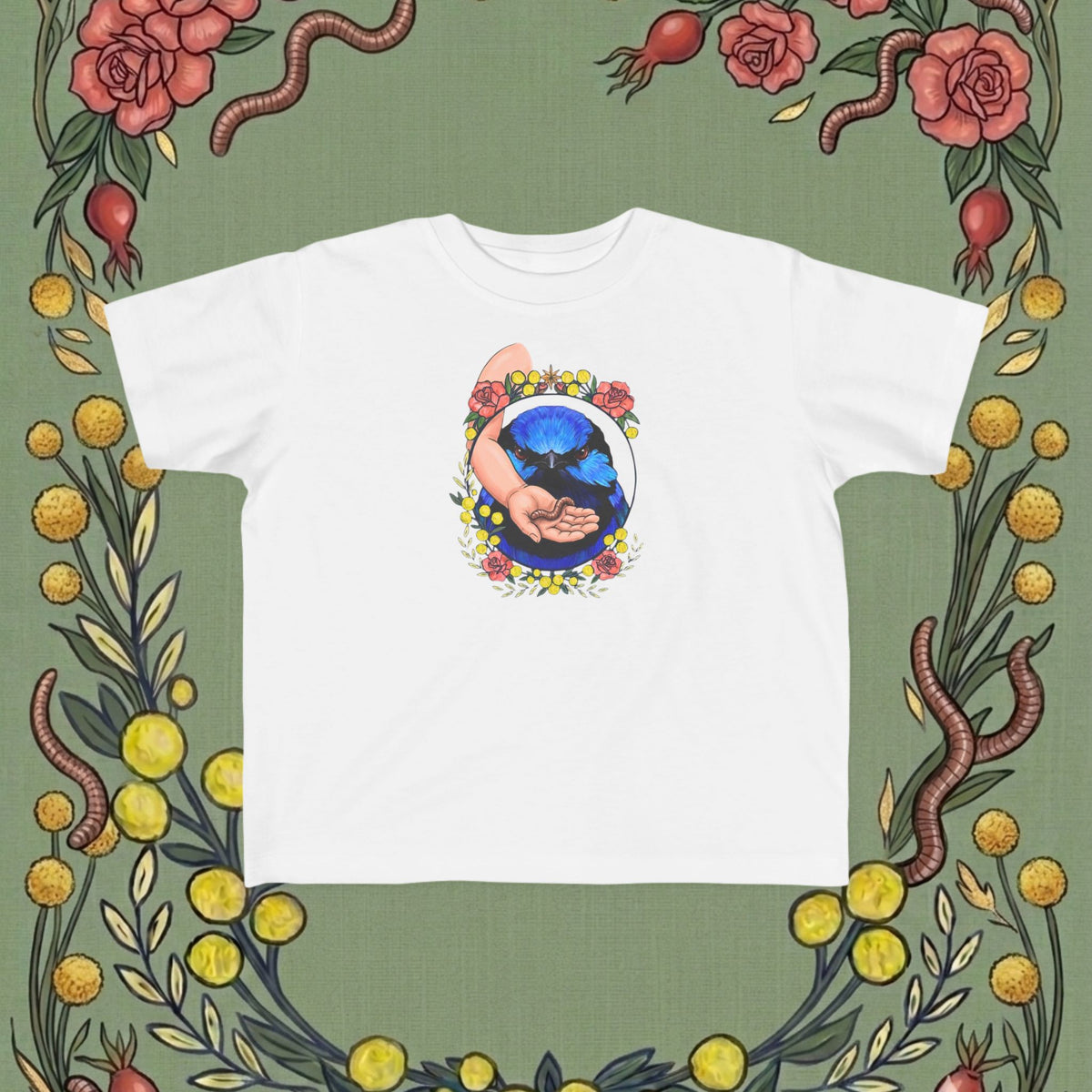 White toddler T-shirt with floral wreath hands holding blue earth graphic