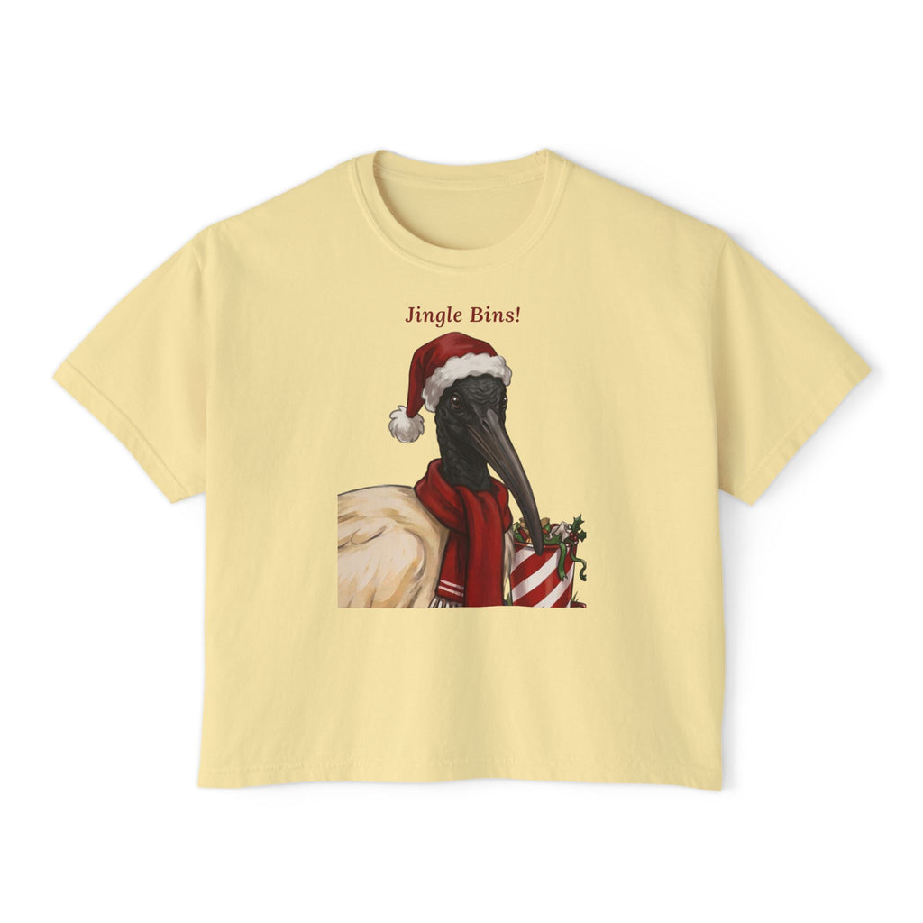 Butter yellow crewneck T-shirt with “Jingle Bins!” bird in Santa hat graphic