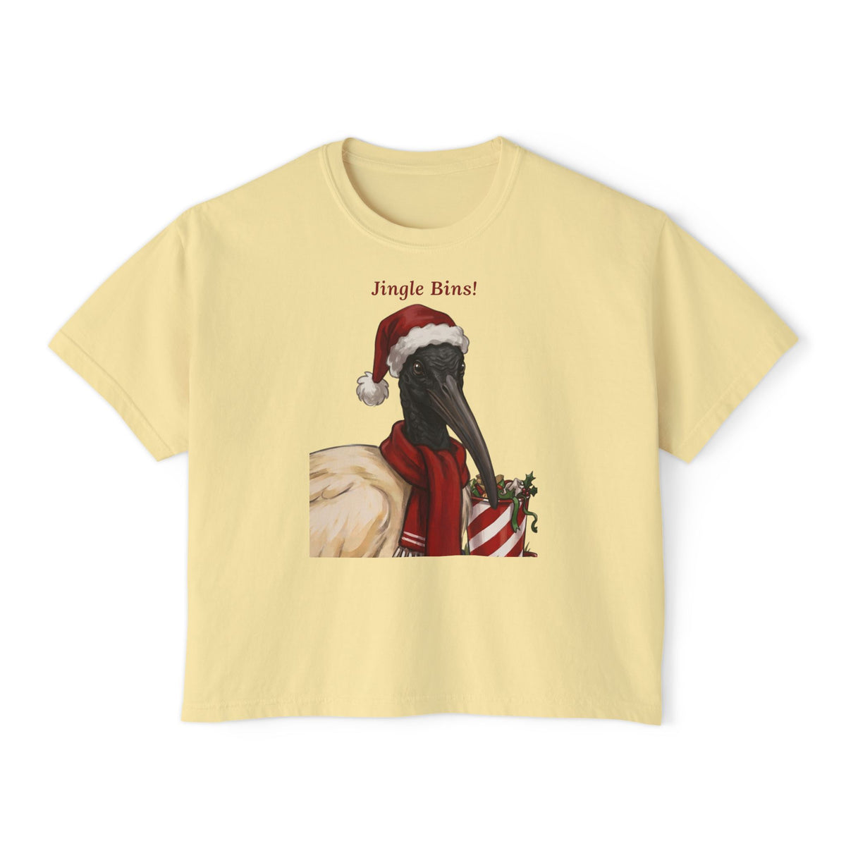 Butter yellow crewneck T-shirt with “Jingle Bins!” bird in Santa hat graphic