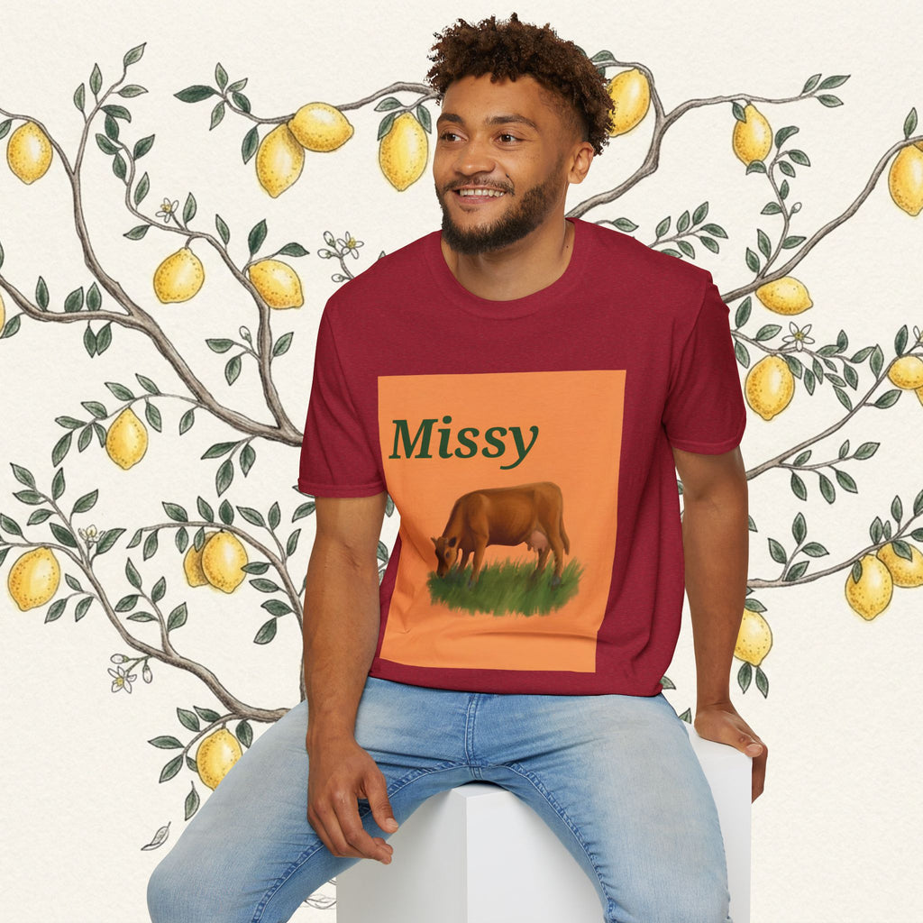 Maroon crewneck T-shirt with orange Missy cow graphic, front view