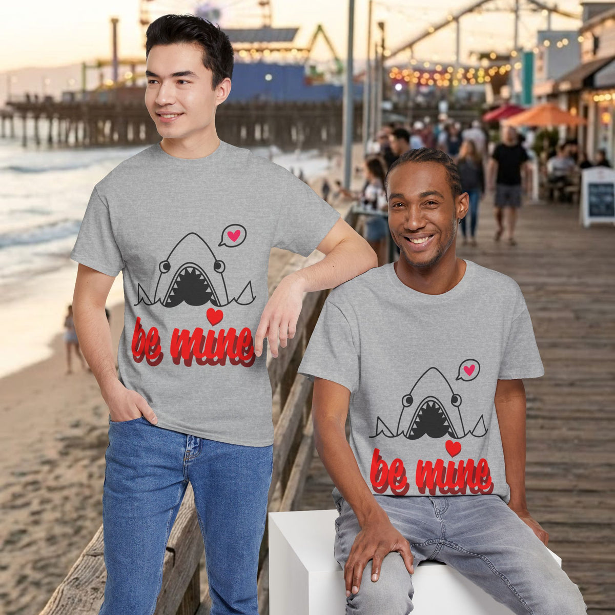 Pair of heather gray shark T-shirts with "be mine" text and heart accents