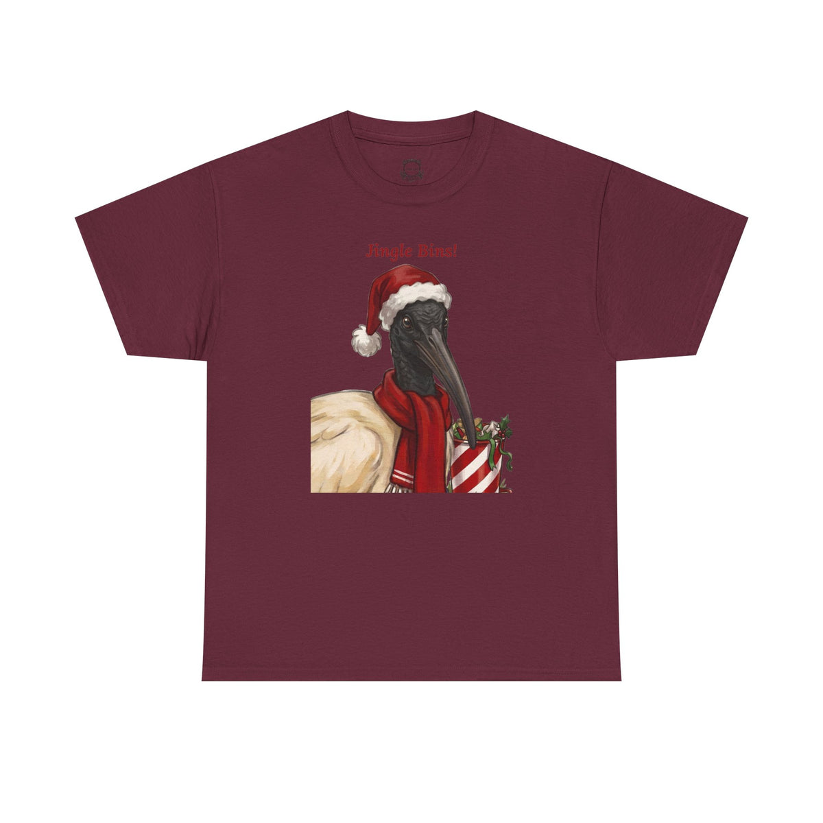 Maroon crewneck t-shirt with “Jingle Bins!” Santa bird graphic on front