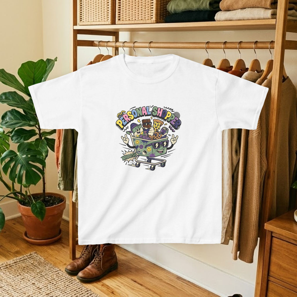 Kids white crewneck graphic tee with colorful shopping-cart and “Personal Shopper” design