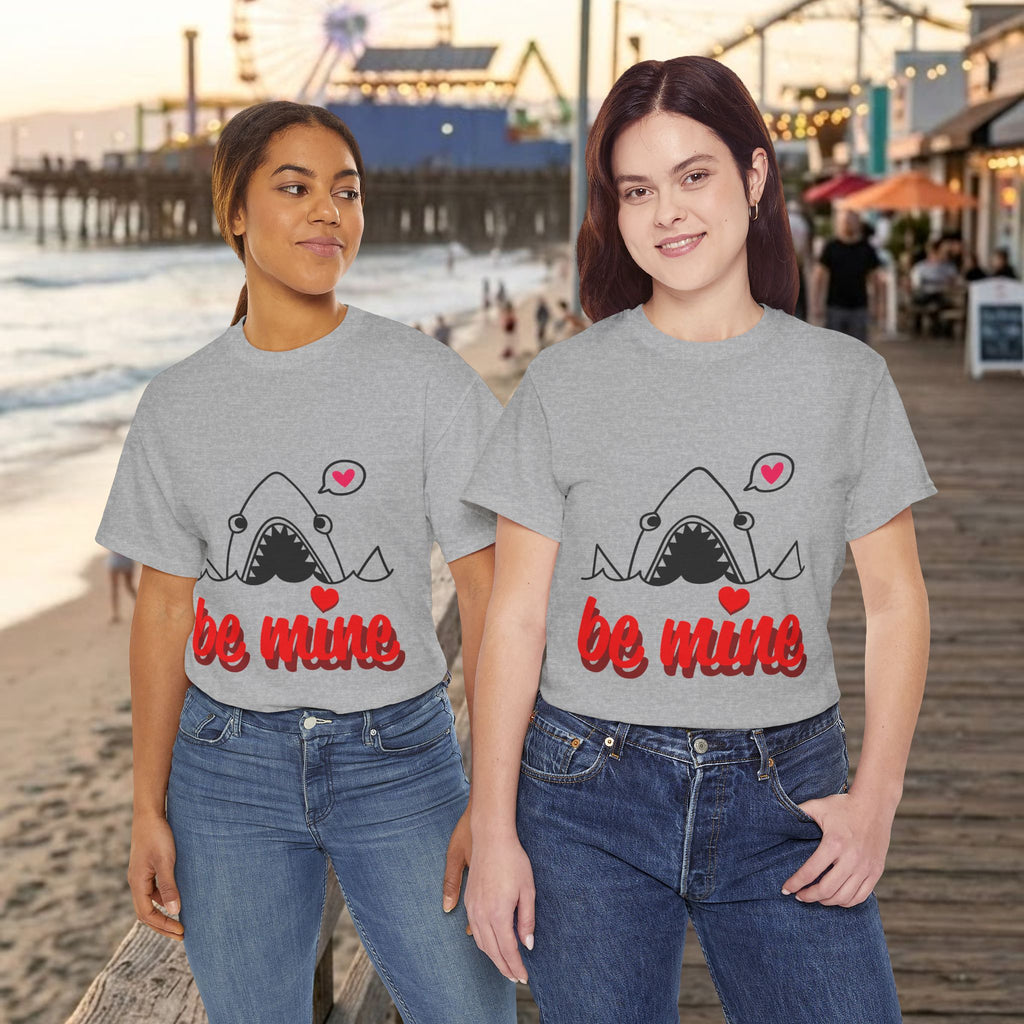 Matching heather gray shark T-shirts with red "be mine" text and heart icons