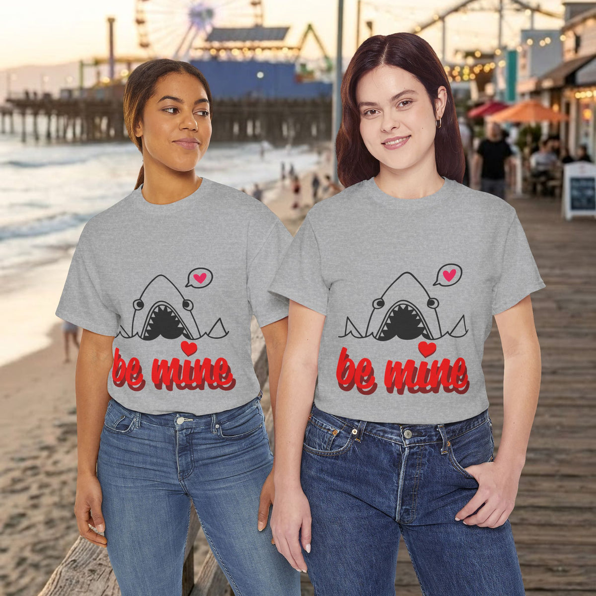 Matching heather gray shark T-shirts with red "be mine" text and heart icons