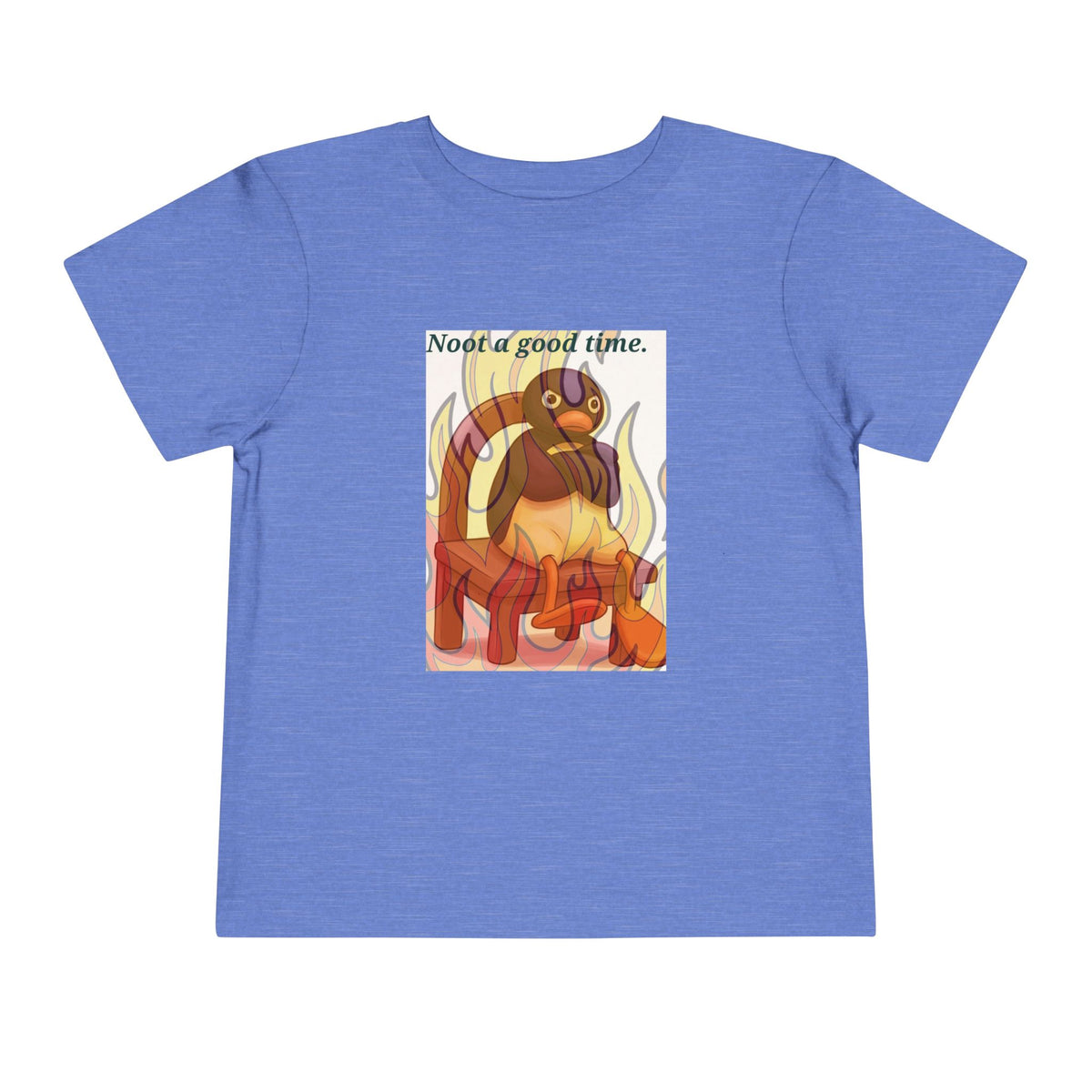 Blue toddler graphic tee with flaming cat and "Need a good time." text