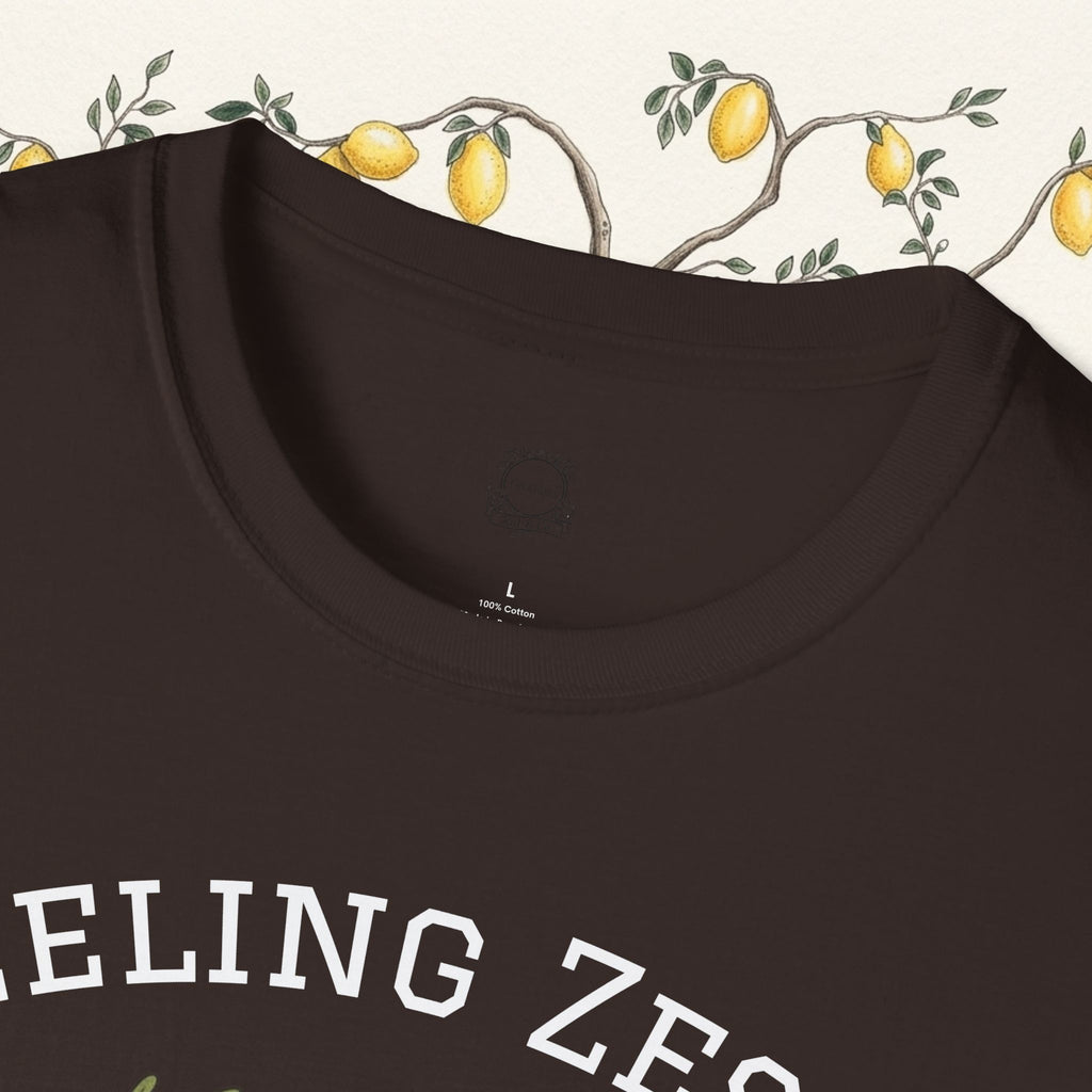 Dark brown crew-neck tee collar close-up