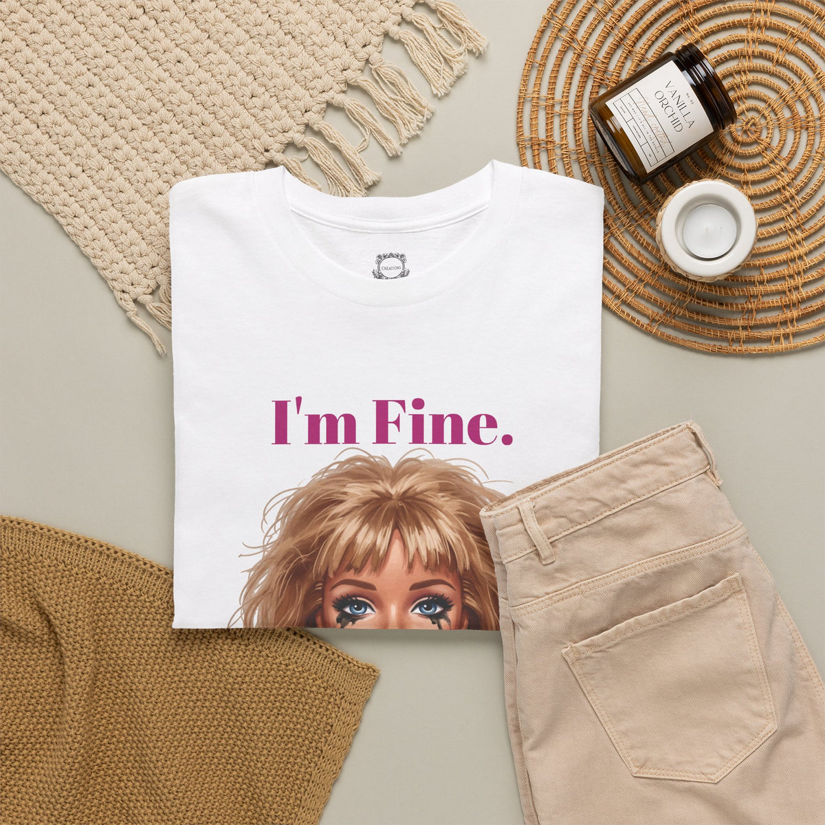 White unisex graphic tee with 'I'm Fine.' text and close doll face print