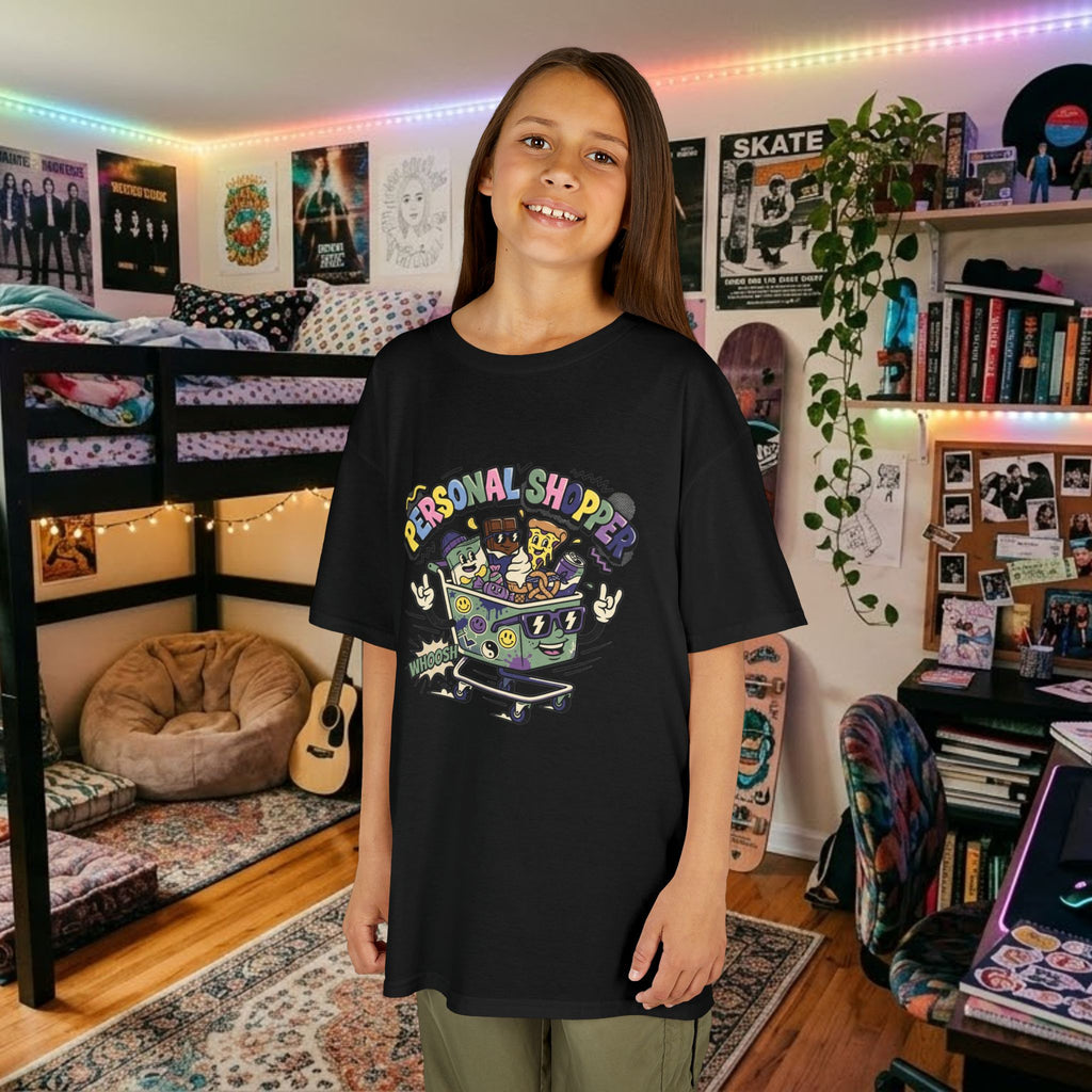 Black kids graphic tee with colorful personal shopper chest graphic