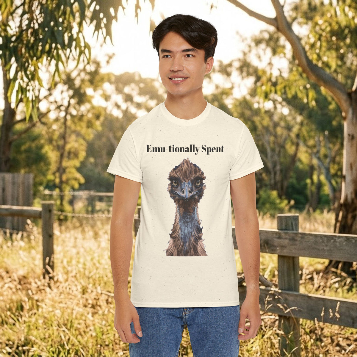 Off-white emu-themed graphic t-shirt with slogan text and animal portrait on front