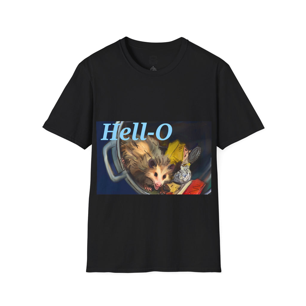 Black T-shirt with 'Hell-O' possum graphic on front