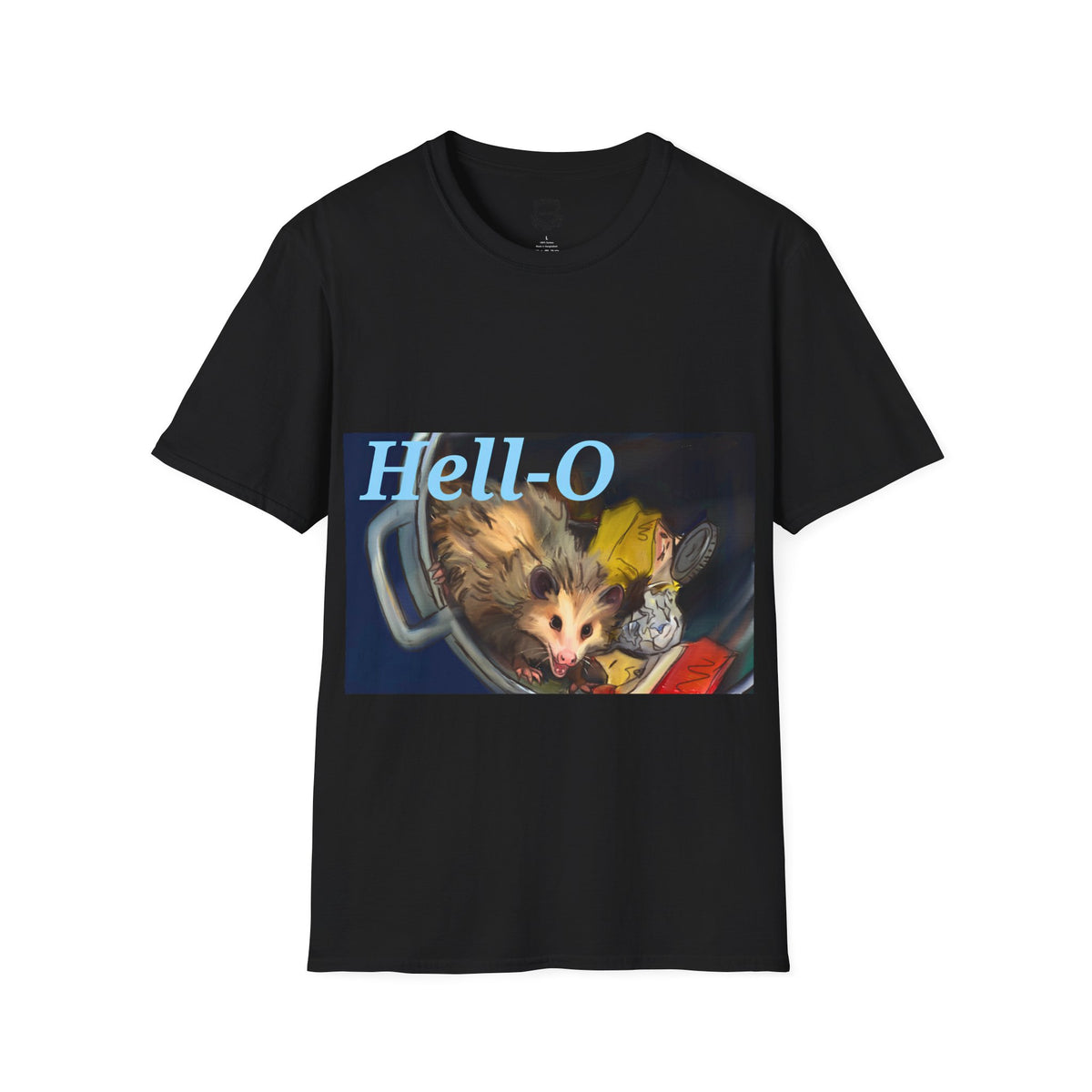 Black T-shirt with 'Hell-O' possum graphic on front
