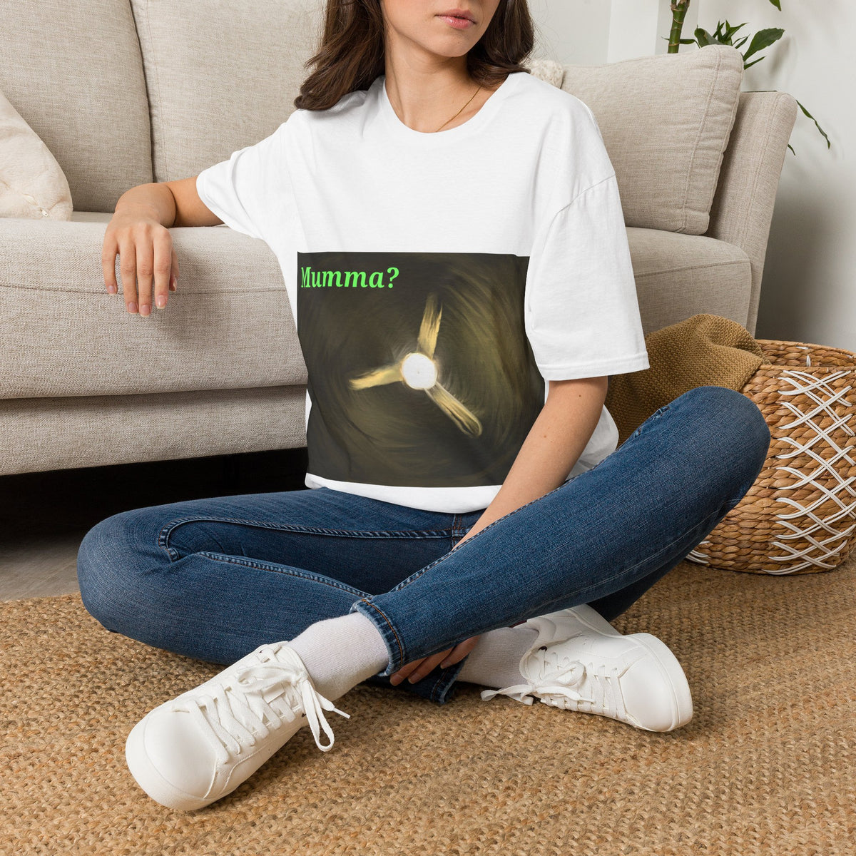 White ceiling fan graphic T-shirt with green "Mumma?" text and glowing fan image