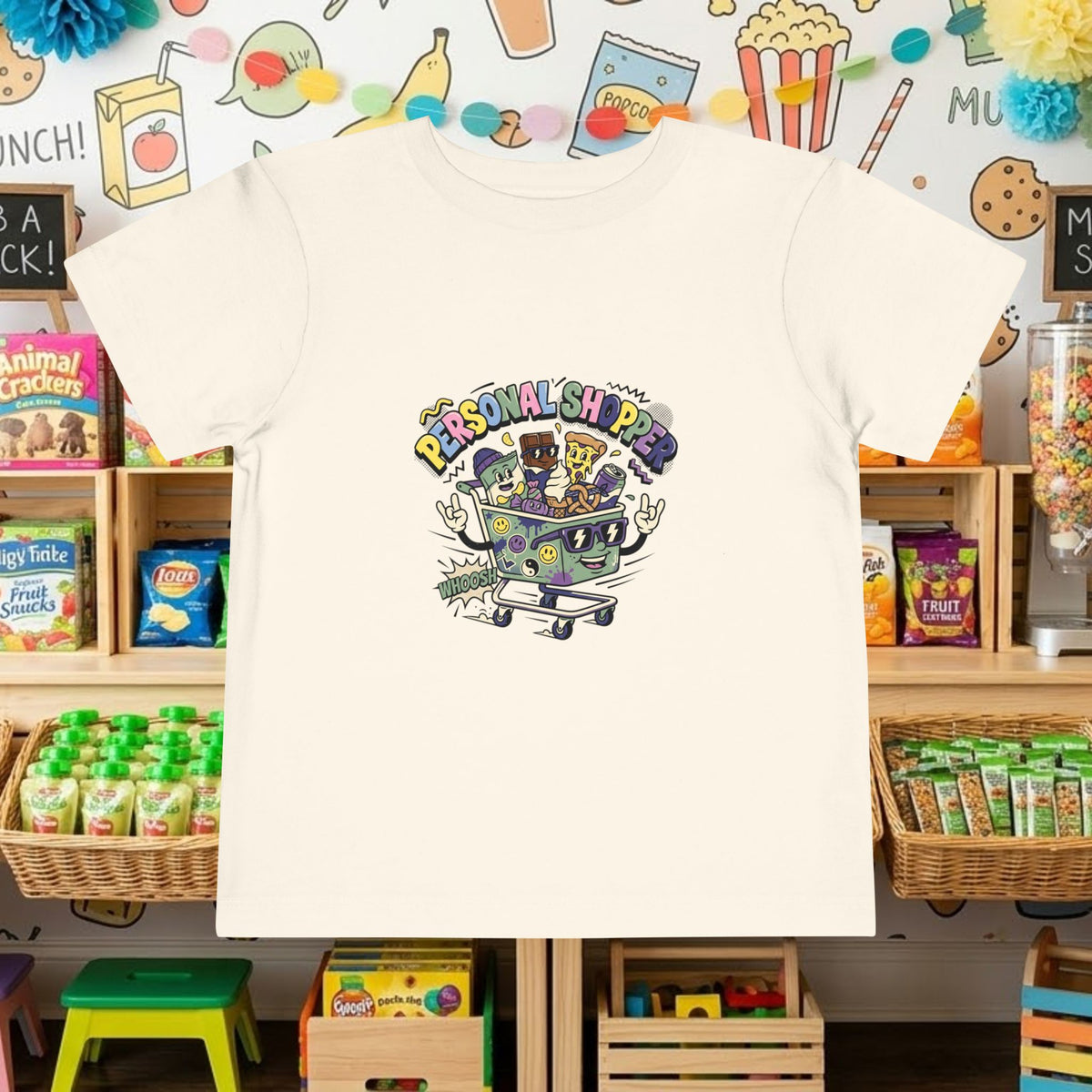 Toddler T-shirt in white with “Personal Shopper” shopping cart graphic on front