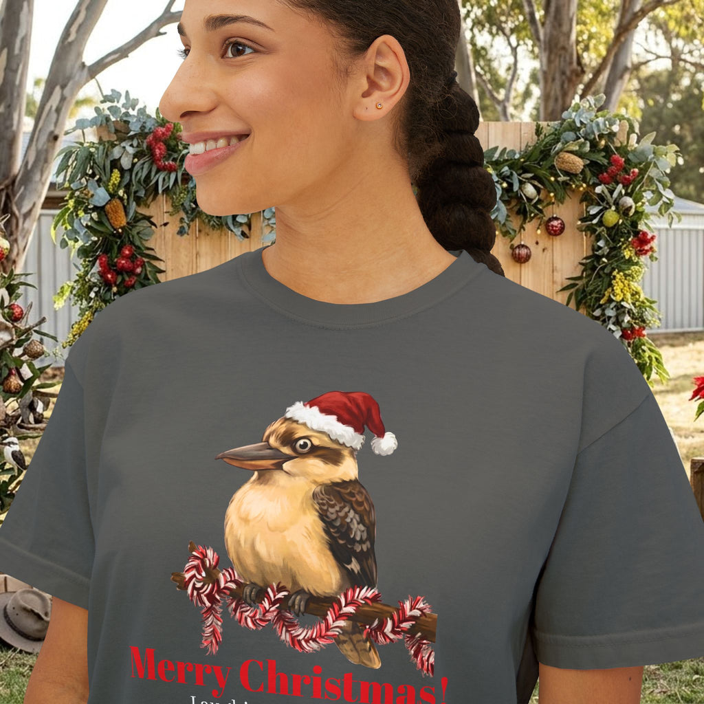 Dark gray t-shirt close-up: kookaburra in Santa hat with red 'Merry Christmas!'