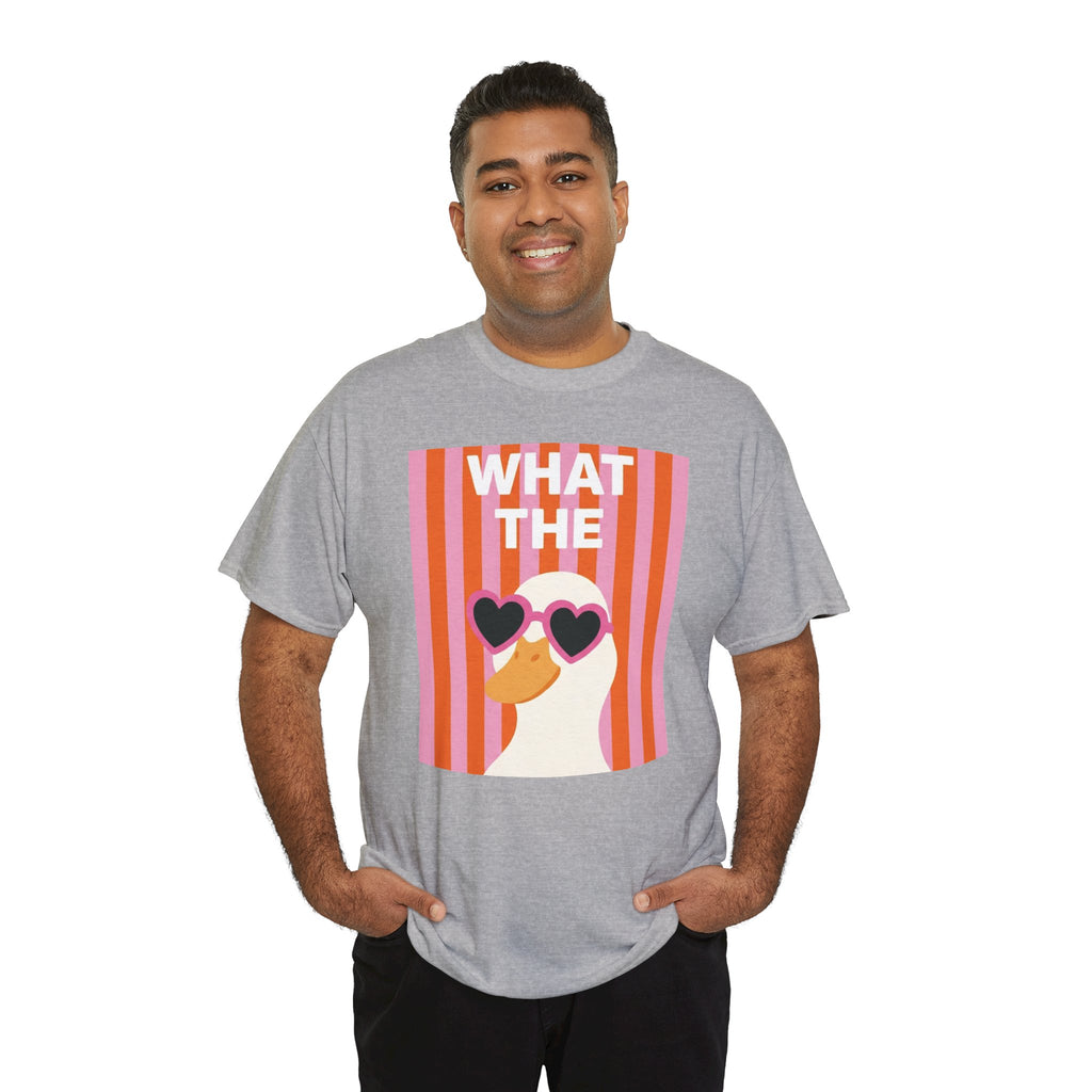 Heather gray T-shirt with duck heart sunglasses graphic, relaxed front view