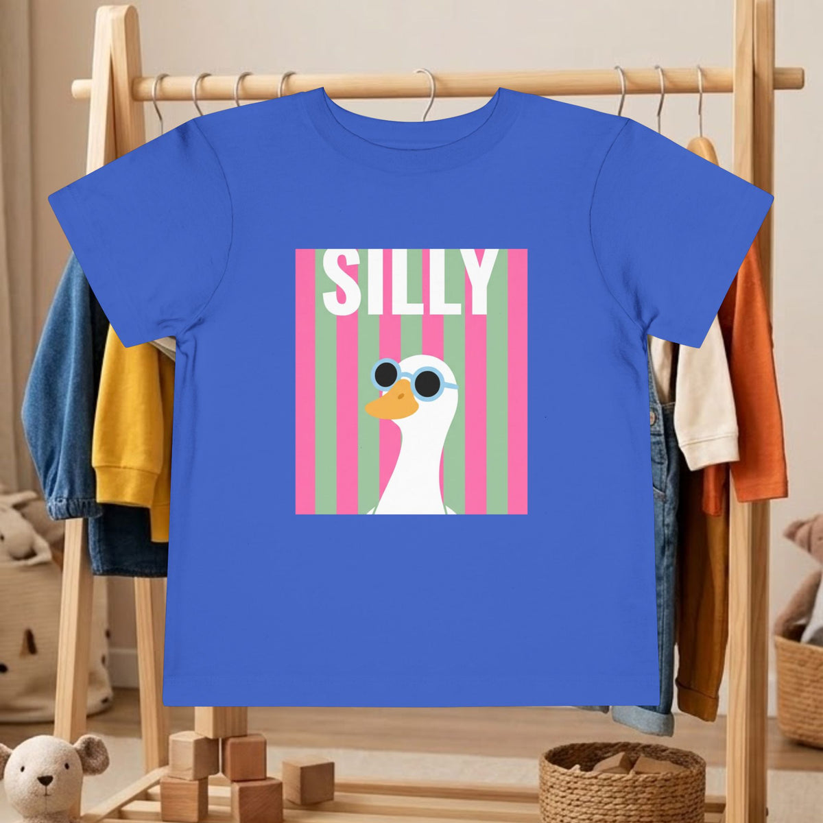 Toddler royal blue tee with “SILLY” and duck wearing sunglasses graphic