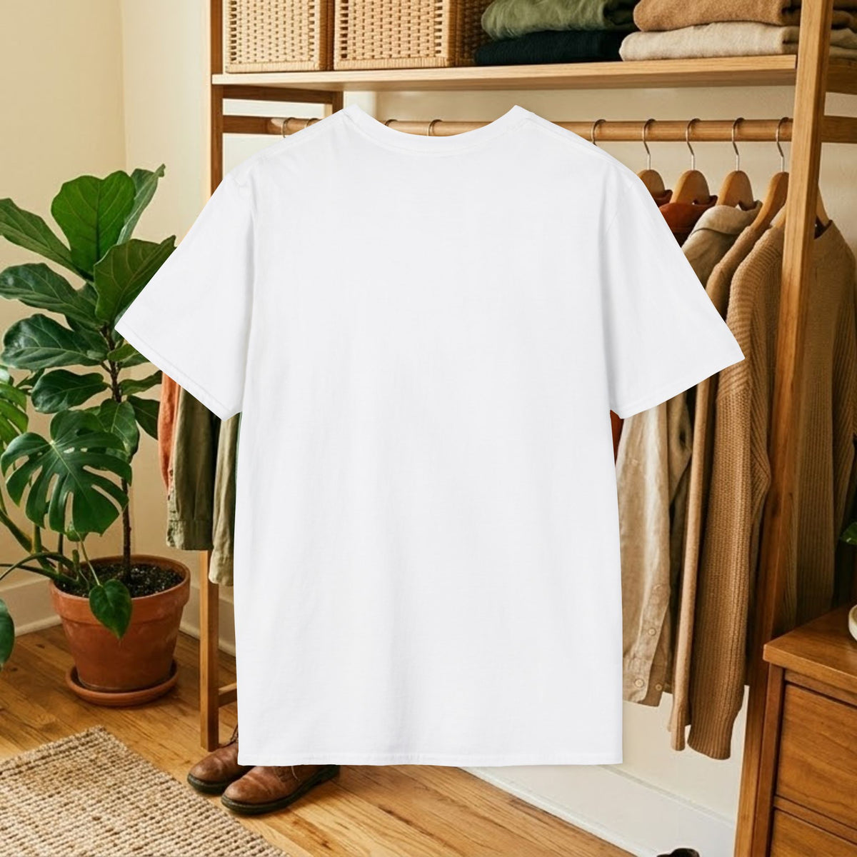 White graphic tee shown from the back with no visible print
