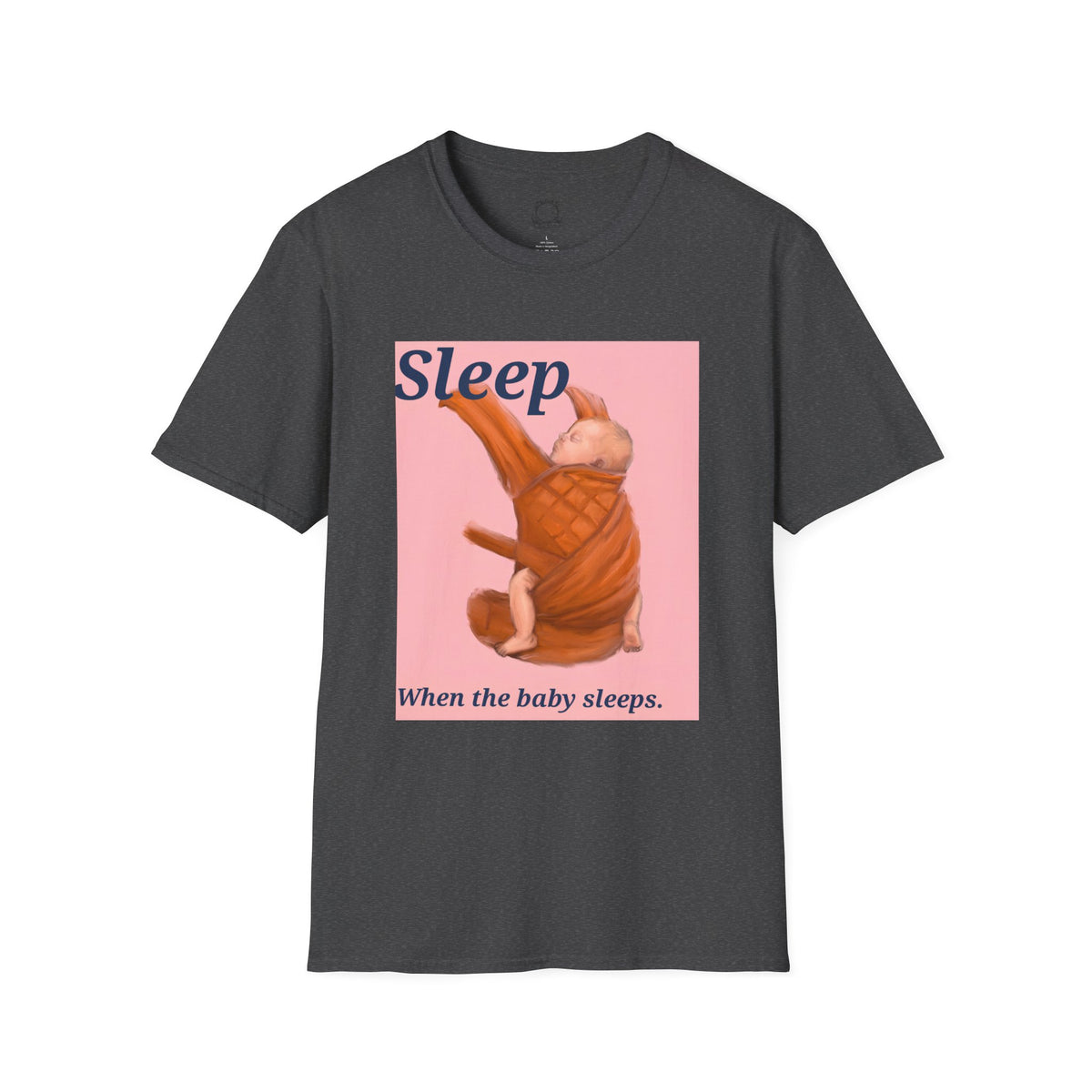 Dark heather gray baby graphic t-shirt with 'Sleep' sleeping infant illustration on pink panel