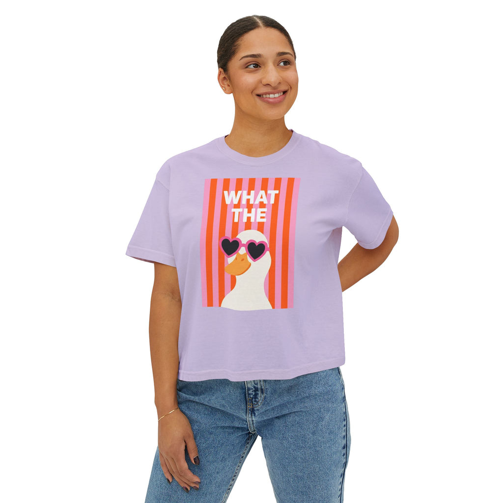 Women's lavender boxy crop T-shirt with duck graphic on the front
