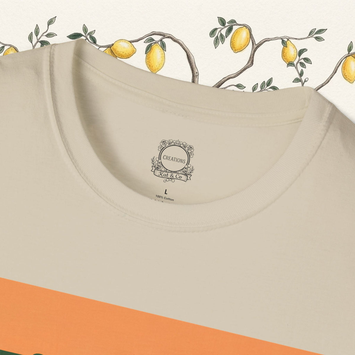 Cream T-shirt neckline with small circular brand patch