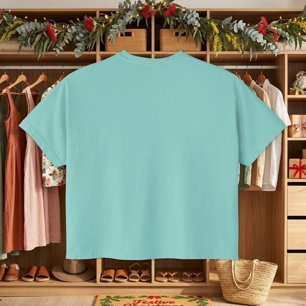 Turquoise crewneck T-shirt, short sleeves, back view on a hanger