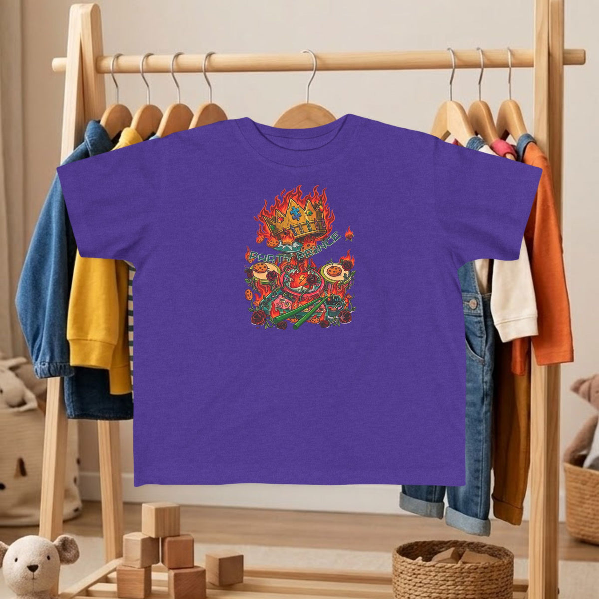 Purple toddler dinosaur graphic tee with colorful flaming crown dino artwork