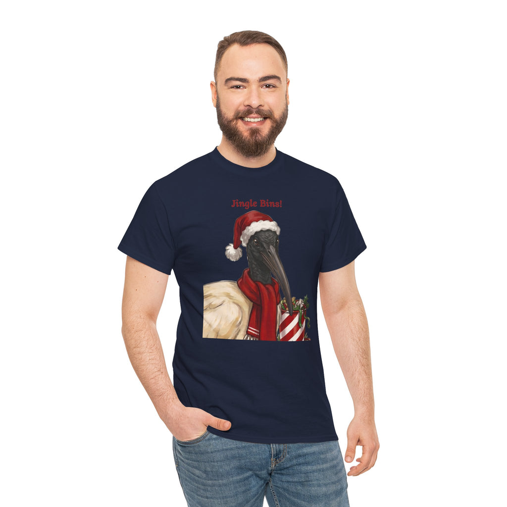 Navy crewneck t-shirt on model with “Jingle Bins!” Santa bird front print