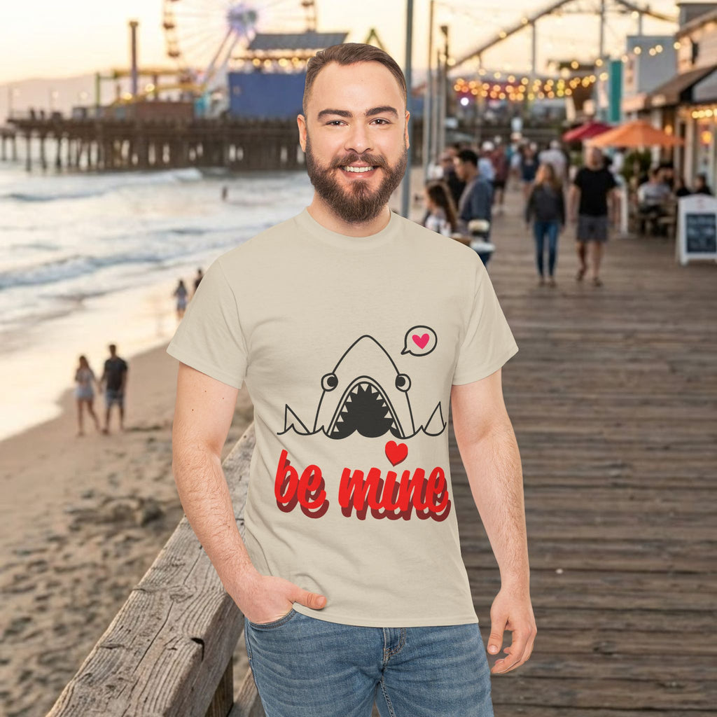 Natural shark graphic T-shirt with heart details and bold red “be mine” lettering