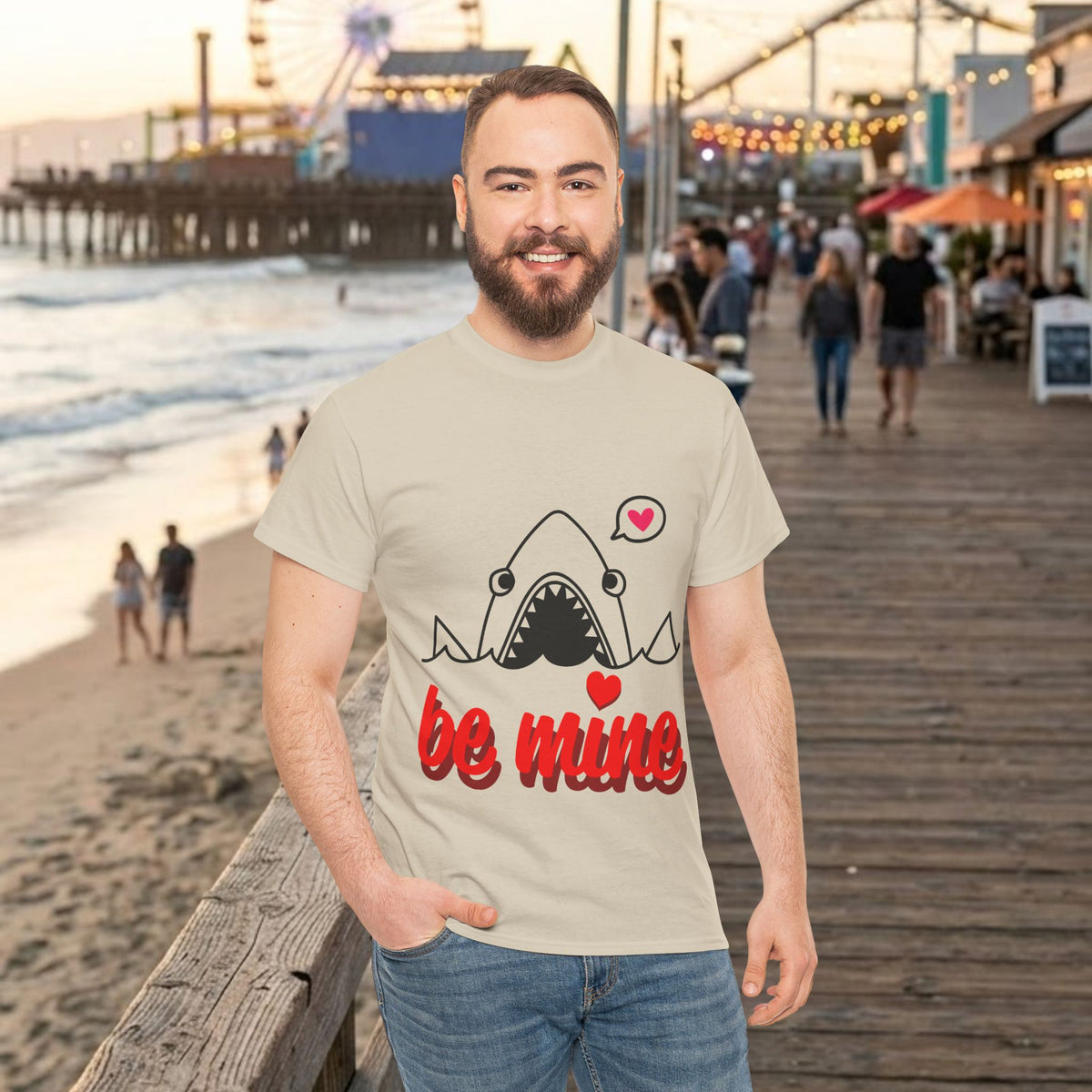 Natural shark graphic T-shirt with heart details and bold red “be mine” lettering
