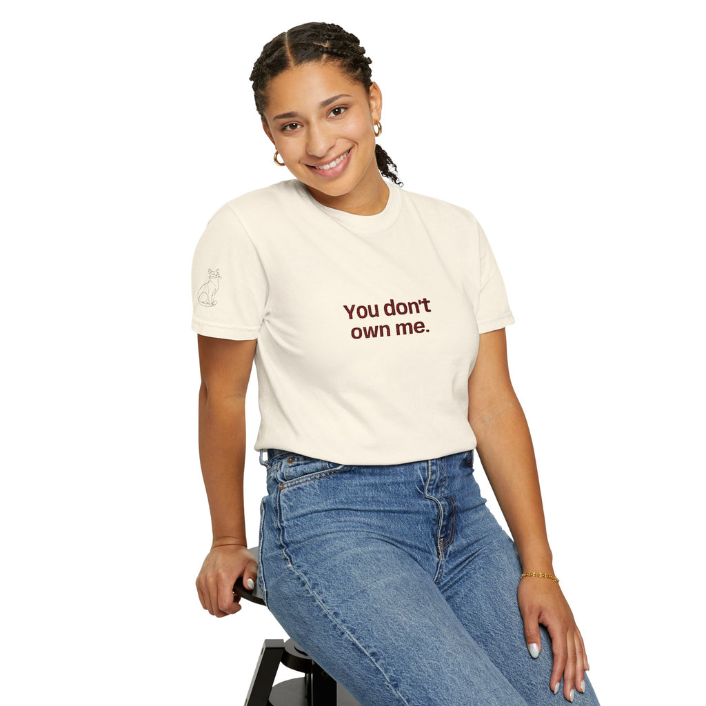 White women's T-shirt with red 'You don't own me.' graphic, crew neck