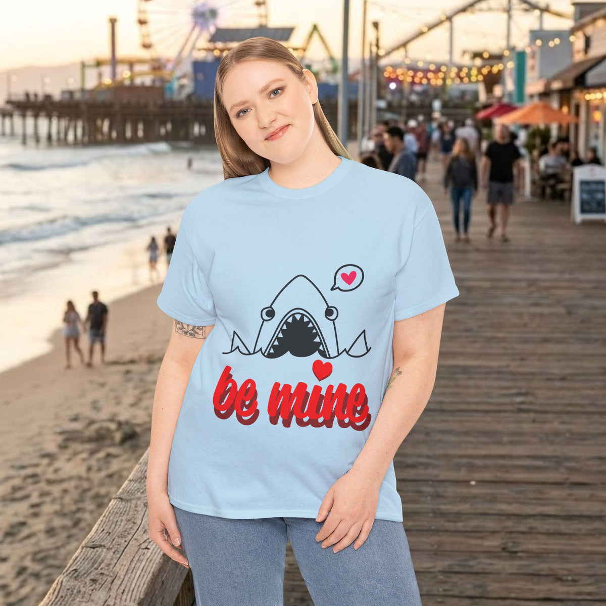 Light blue shark graphic T-shirt with red "be mine" text and heart accents