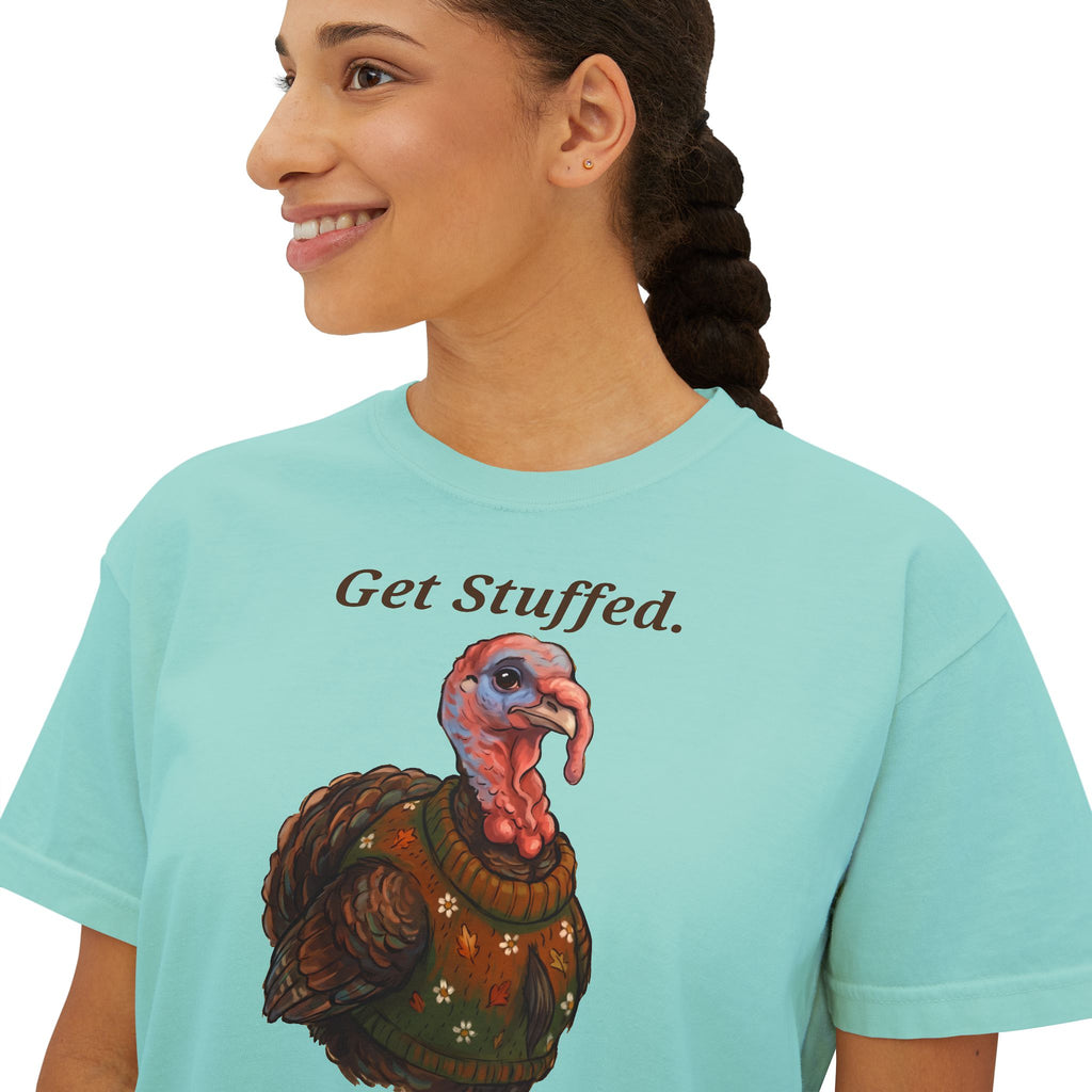 Light teal “Get Stuffed.” turkey graphic T-shirt, short sleeves, crew neck