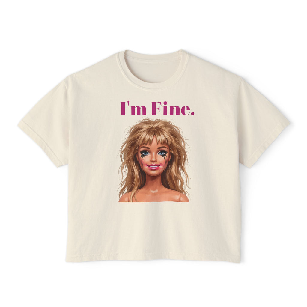 Ivory graphic tee with “I'm Fine.” text and doll face print, crew neck.
