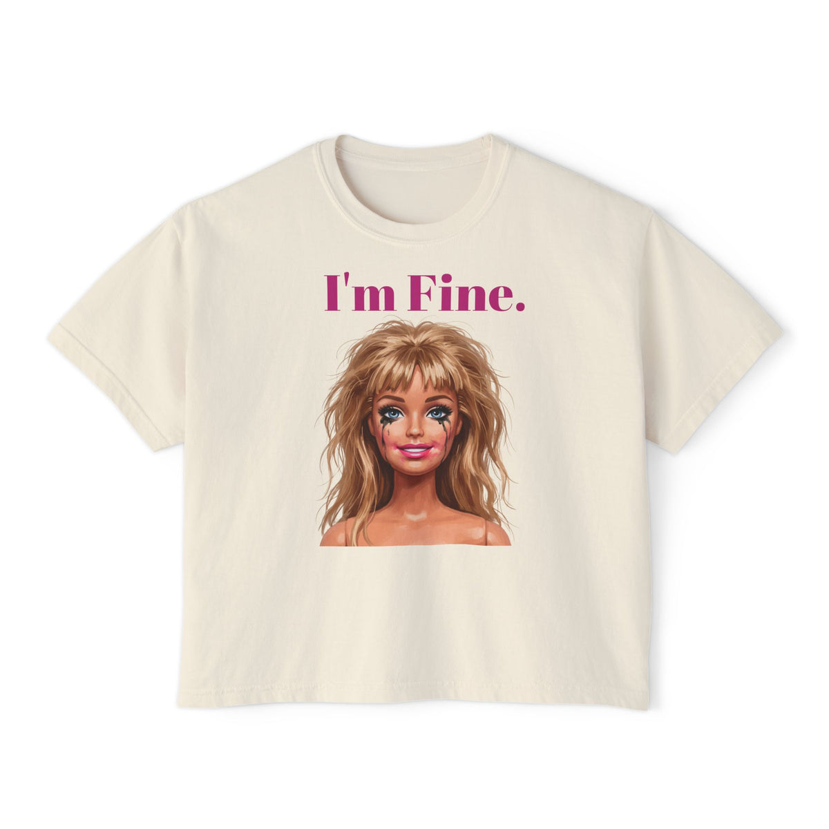 Ivory graphic tee with “I'm Fine.” text and doll face print, crew neck.