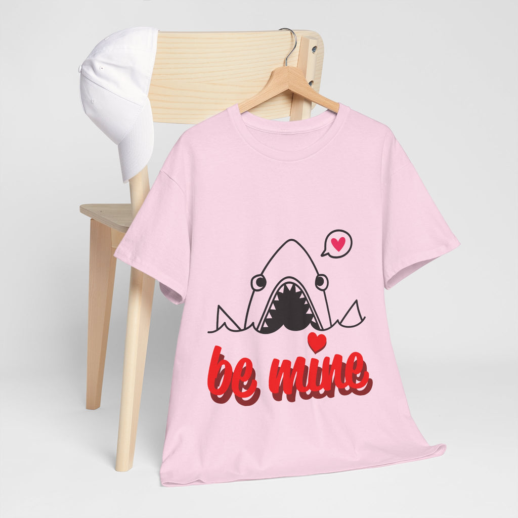 Light pink graphic shark T-shirt with 'be mine' print and hearts, front view