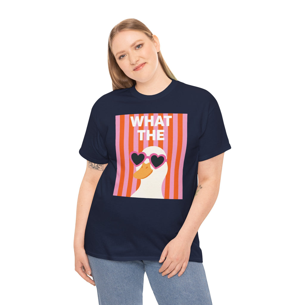 Navy crewneck T-shirt with 'WHAT THE' duck graphic and heart sunglasses