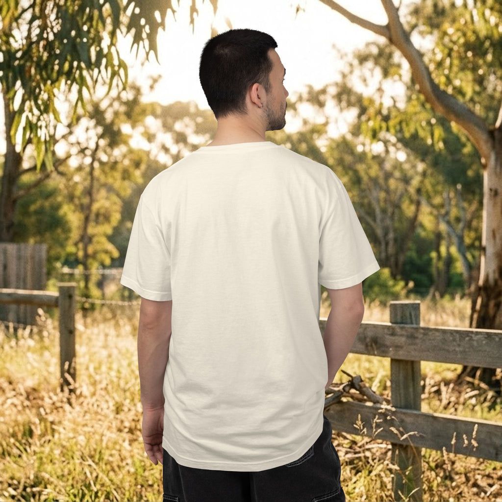 Off-white crew neck T-shirt, plain back on model, short sleeves
